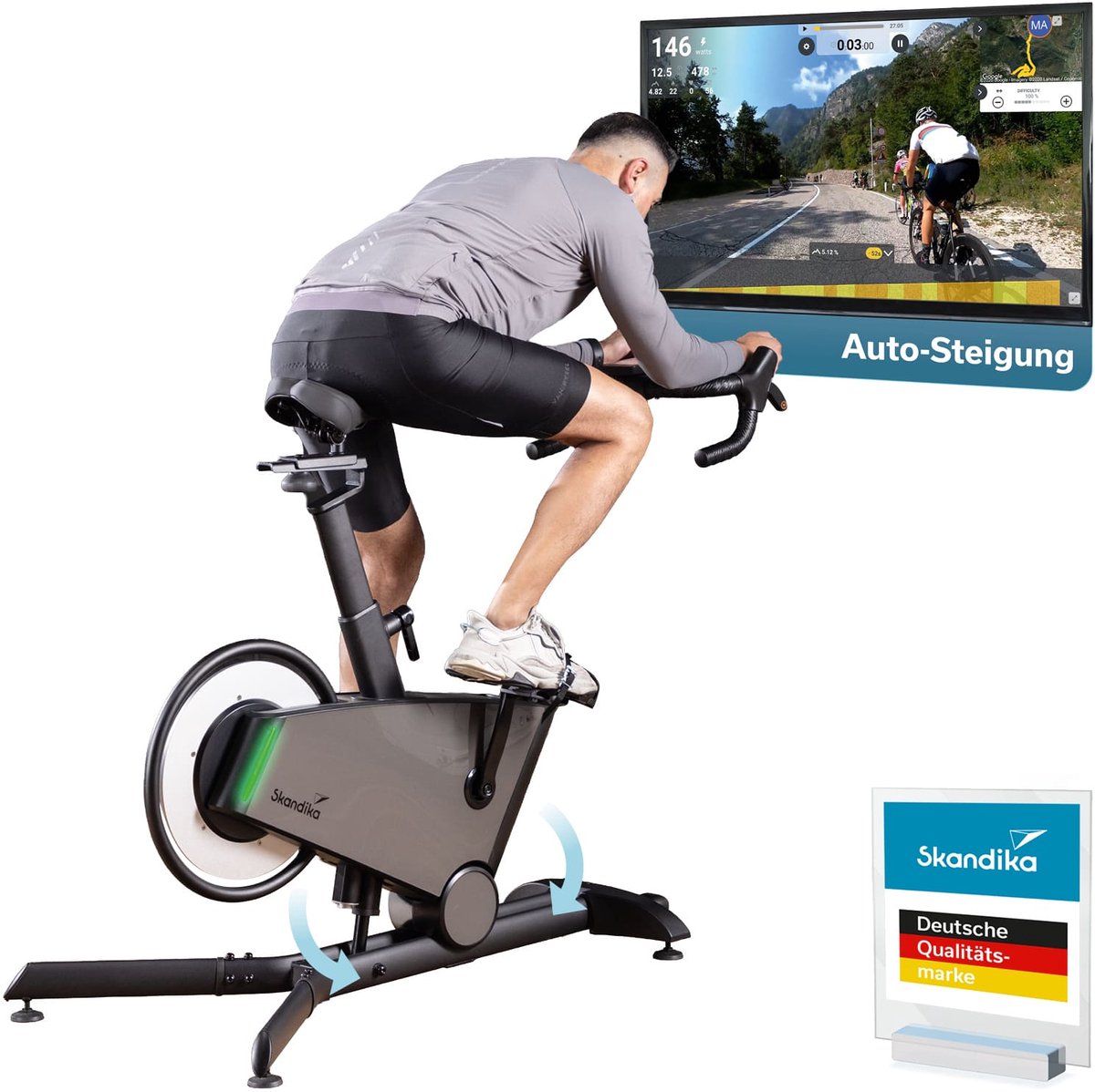 Skandika spinning bike indoor Kliva 800-S - SMART hometrainer fiets met LED, helling in 16 standen, magneetrem met 32 standen, 3 programma’s, Bluetooth compatibel met Kinomap app, tot 150 kg, speedbike