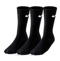 Drie zwarte Nike sportsokken met witte logo's en geribde schacht.
