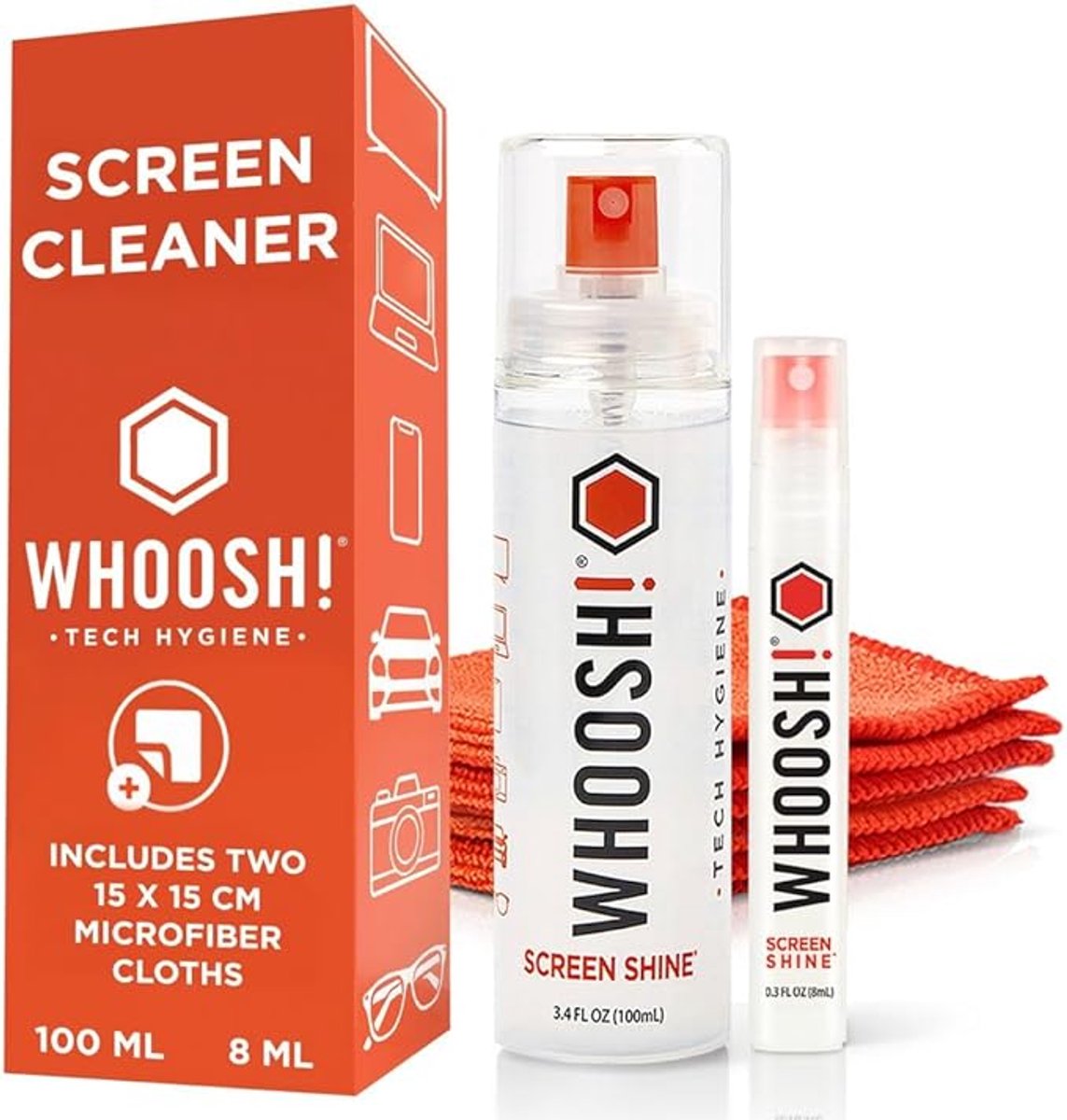 WHOOSH! Duo – Schermreiniger Set – Veilig voor Alle Schermen – Duo Formaat Thuis & Onderweg – Inclusief Microvezeldoekjes