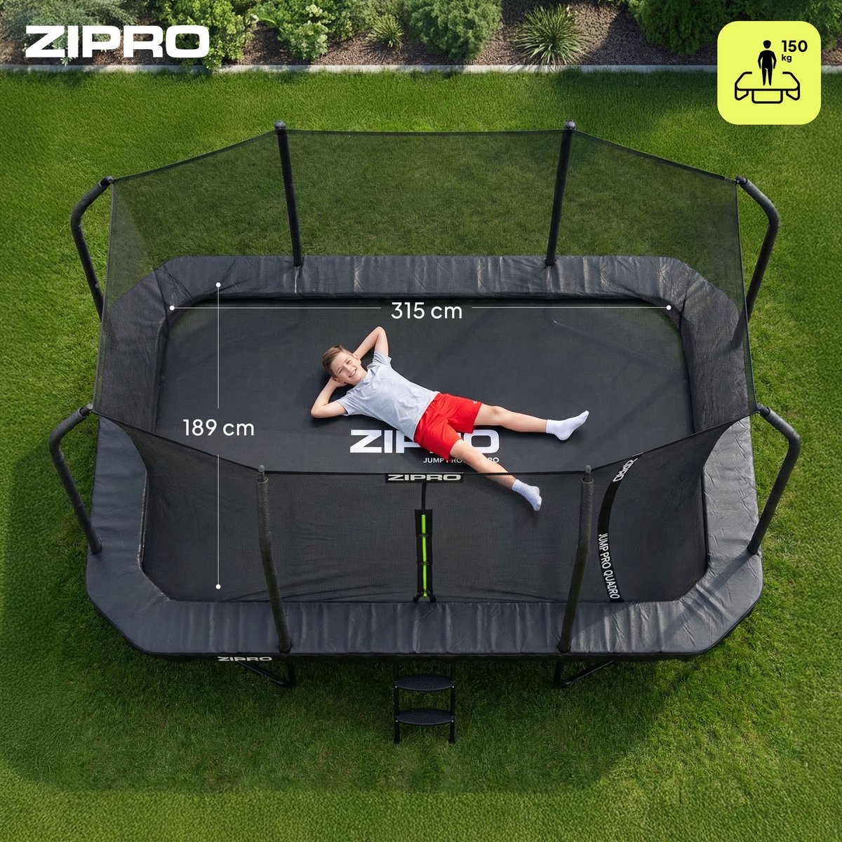 ZIPRO® JumpPro Quadro 8x12FT - Tuintrampoline - 366x244 cm - Met ladder - Max. belasting 150 kg - Dubbele sluiting - Veerbeveiliging - CROSS-SECTION-systeem - Zwart — afbeelding 8