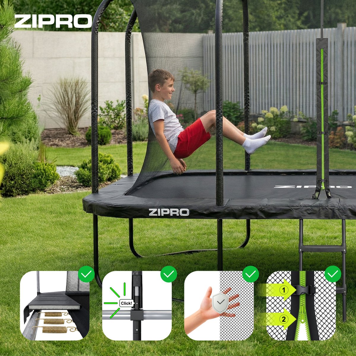 ZIPRO® JumpPro Quadro 8x12FT - Tuintrampoline - 366x244 cm - Met ladder - Max. belasting 150 kg - Dubbele sluiting - Veerbeveiliging - CROSS-SECTION-systeem - Zwart — afbeelding 10