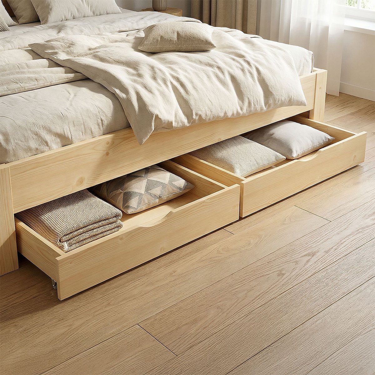 Homestyle4u Bedkasten - 2-delige set - Natuur- Bedlade - met Wieltjes