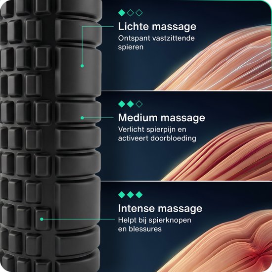 Een gedetailleerde close-up van een zwarte foamroller met een rasterpatroon, die lichte, medium en intense massage aanbiedt.