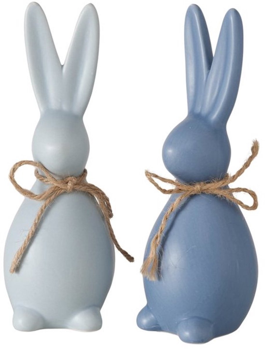 Boltze - Set van 2 - Haasjes - Beeldjes - Keramiek - Blauw - Pasen - Voorjaar - 13x5cm
