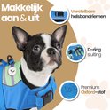Boston Terriër in blauw zwemvest met groene en paarse strepen, visgezicht en vinnen.