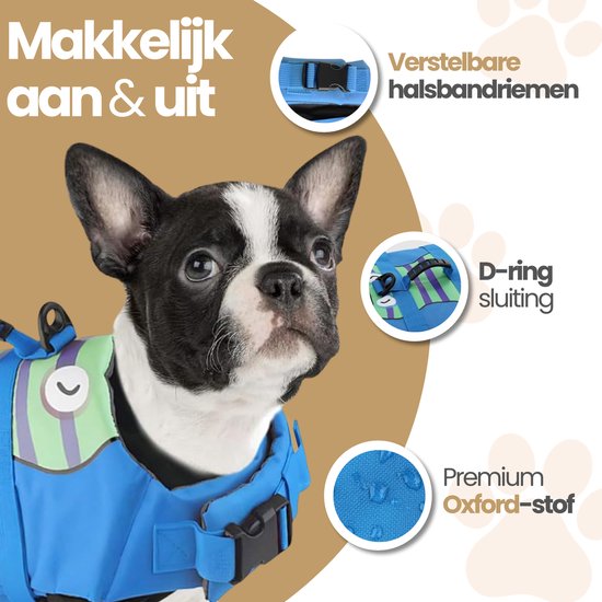 Boston Terriër in blauw zwemvest met groene en paarse strepen, visgezicht en vinnen.