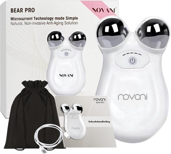 De Novani Bear Pro huidverjonger in verpakking, met oplader en opbergzakje.