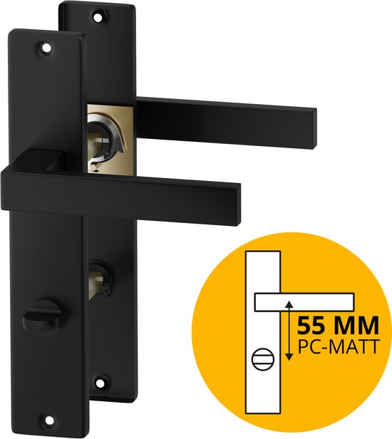 Zwarte deurklink met WC-slot, mat zwart, met afmeting 55 mm PC-MATT.