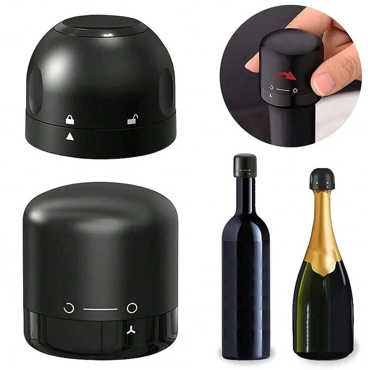 2 stuks zwarte afsluitdoppen voor rode wijnflessen, mini-sluitingen met draaisluiting, lekvrij, geschikt voor wijn en champagne-1 fles champagne, 1 kurk voor rode wijn