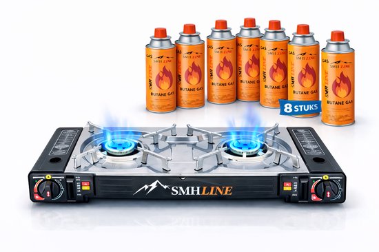 SMH LINE® Dubbele Camping kooktoestel - Incl. 8x gasflessen - 2 Pits - 2x 2500W
