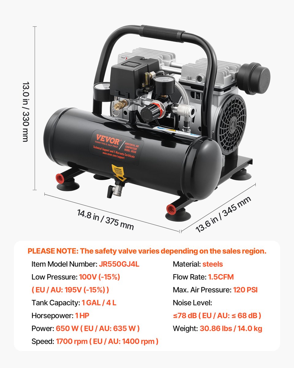 VEVOR Compressor 4l Luchtcompressor 120psi Perslucht 635w Fluistercompressor – foto 3