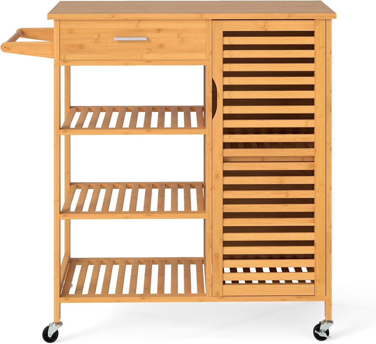 KOMFOTTEU Serveerwagen van bamboe, eiland met vergrendelbare wielen, lade, 3 open planken, deurkast, handdoekhouder, keukenwagen voor eetkamer, bar, natuur
