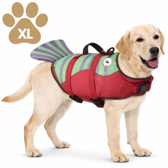 Labrador pup in rood en groen visvormig zwemvest met paarse streepvin, staand op witte achtergrond.