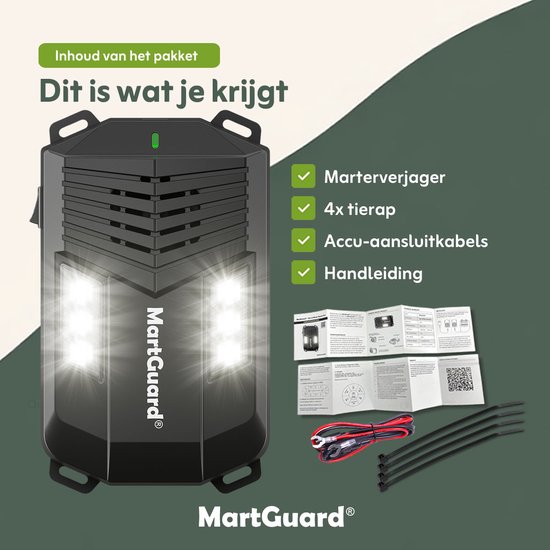 Pakketinhoud: MartGuard verjager, 4x tie-wrap, accu-aansluitkabels en handleiding.