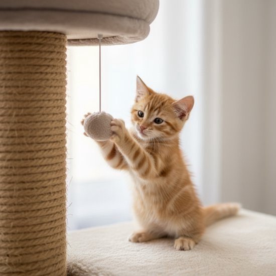Oranje gestreepte kitten speelt met een balletje aan een touwtje, bij een krabpaal.