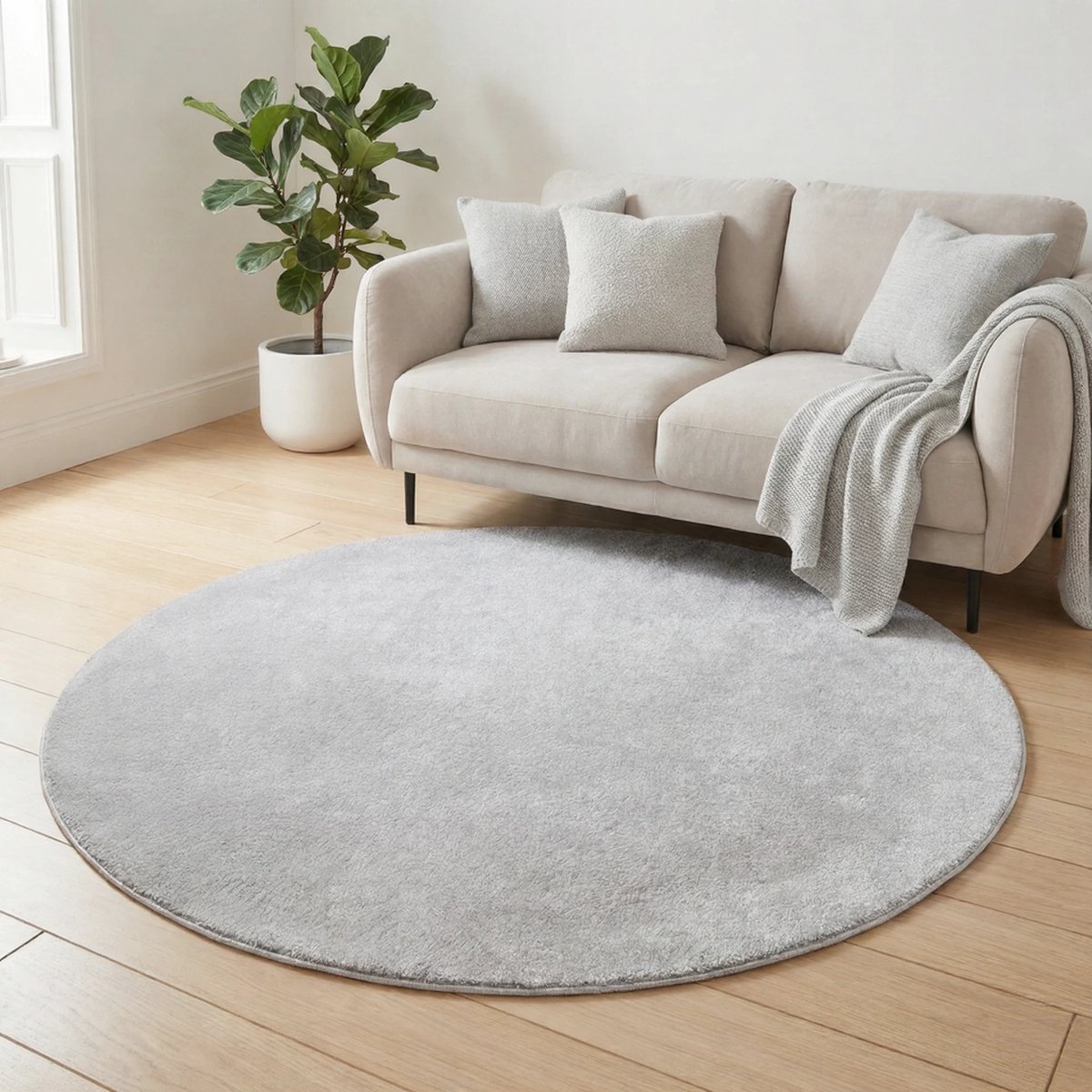 Flycarpets Rond Malaga Wasbaar Vloerkleed - Zilver - 120x120 cm