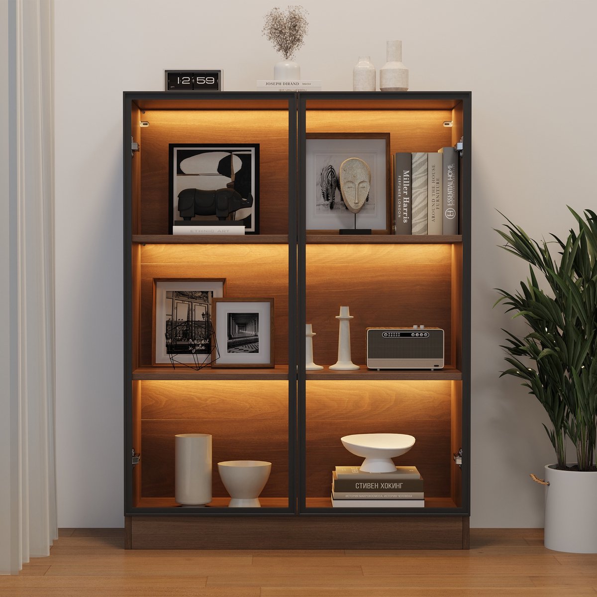 Sweiko Vitrinekast - LED-verlichting - Glazen deuren - 3 planken - 32 x 106 x 80 cm - Bruin