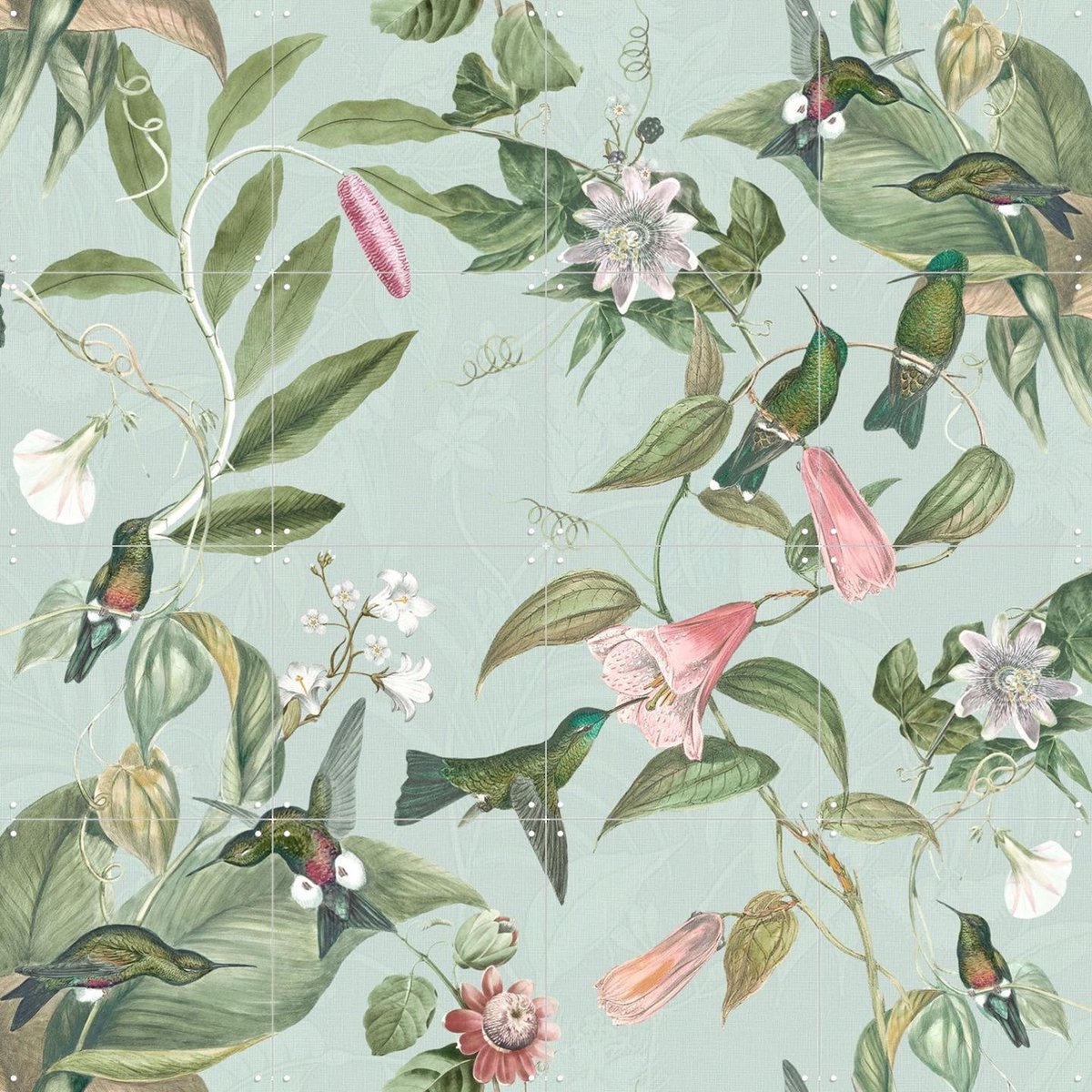 IXXI Birds & Passiflora paradise garden - soft teal, Bloomery Decor - 80 x 80 cm - Gratis ophangtool - Grote wanddecoratie en posters - Naturalisme