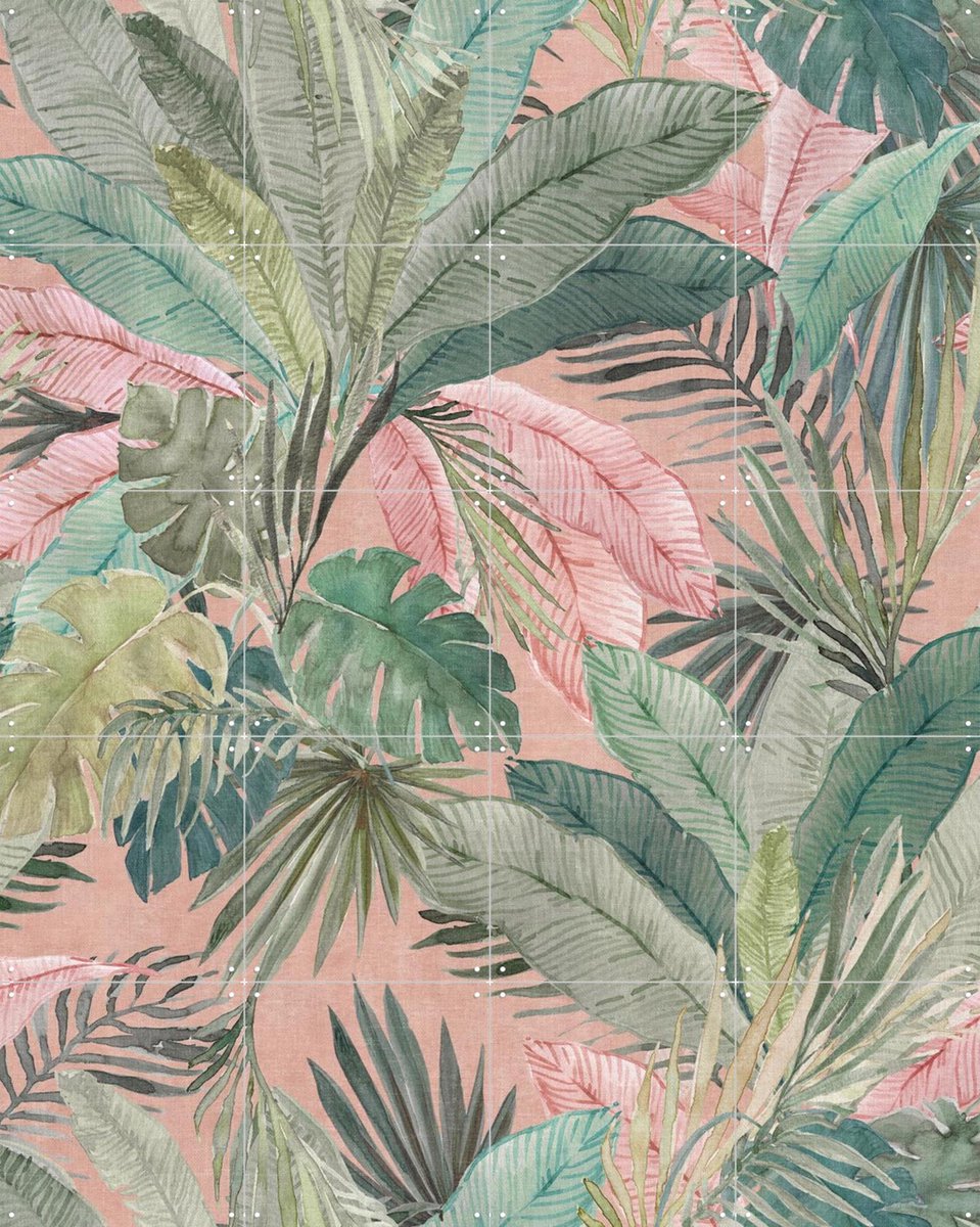 IXXI Tropical watercolour Palms leaves foliage - pink green, Bloomery Decor - 80 x 100 cm - Gratis ophangtool - Grote wanddecoratie en posters