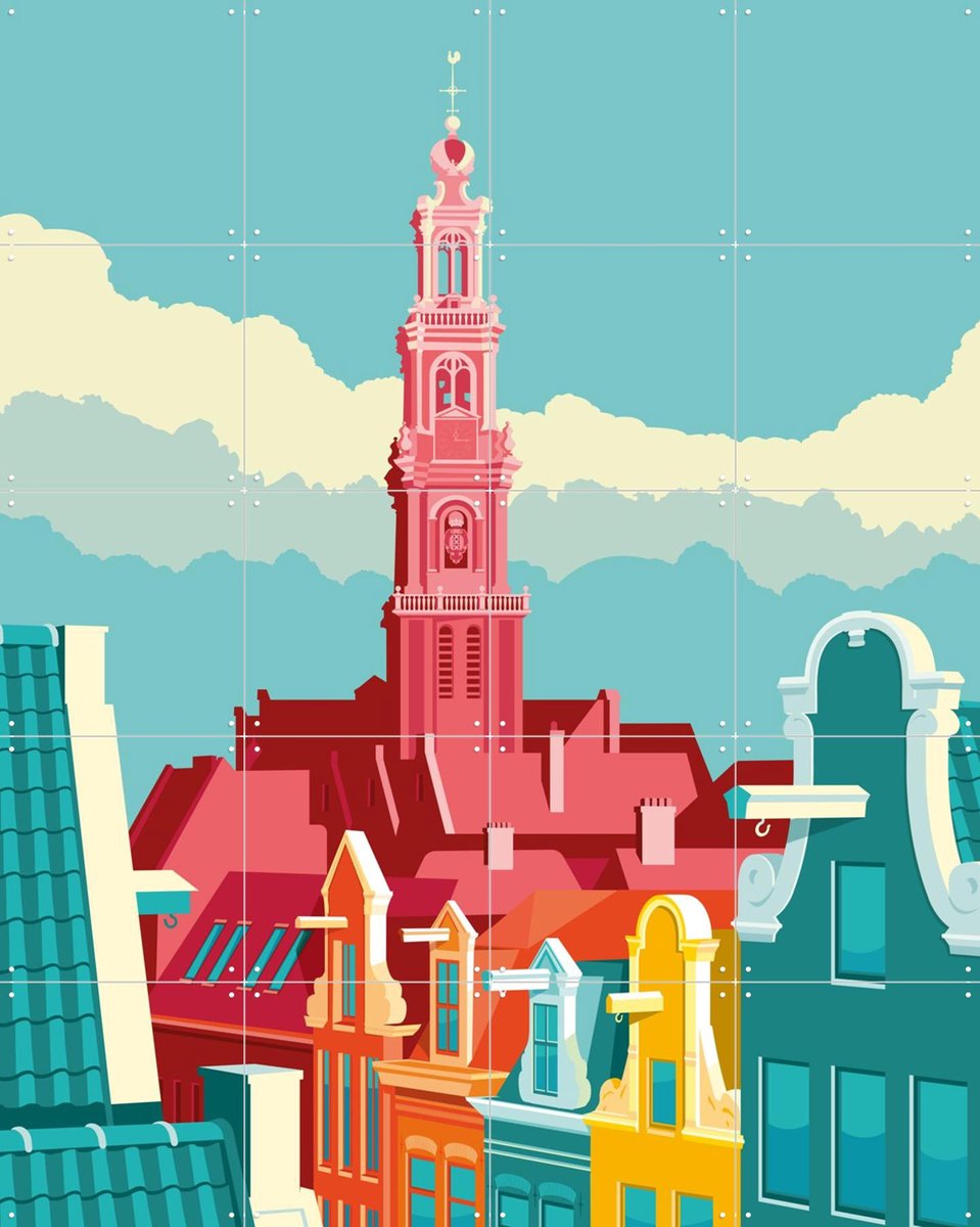 IXXI Westerkerk, Remko Heemskerk & Kunst in Kaart - 80 x 100 cm - Gratis ophangtool - Grote wanddecoratie en posters - Grafisch Ontwerp, Kleurrijk