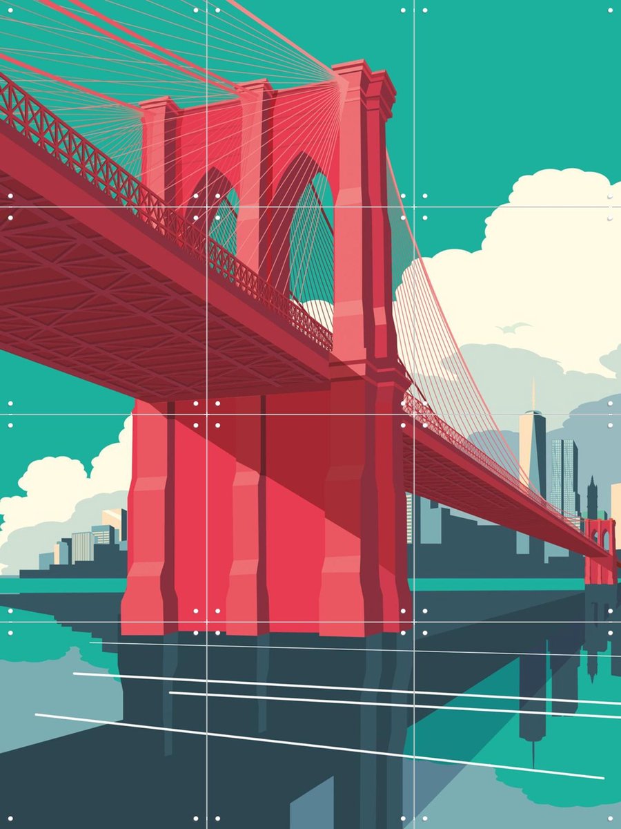 IXXI NYC - Brooklyn Bridge Red, Remko Heemskerk & Kunst in Kaart - 60 x 80 cm - Gratis ophangtool - Grote wanddecoratie en posters - Illustraties