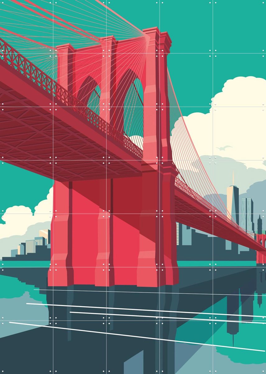 IXXI NYC - Brooklyn Bridge Red, Remko Heemskerk & Kunst in Kaart - 100 x 140 cm - Gratis ophangtool - Grote wanddecoratie en posters - Illustraties