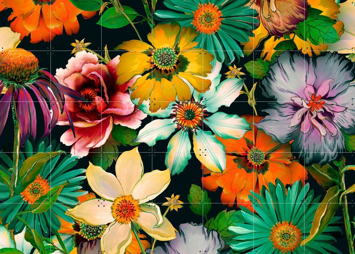 IXXI Blossoming Flowers Green Yellow, Marylène Madou - 140 x 100 cm - Gratis ophangtool - Grote wanddecoratie en posters - Kleurrijk, Grafisch