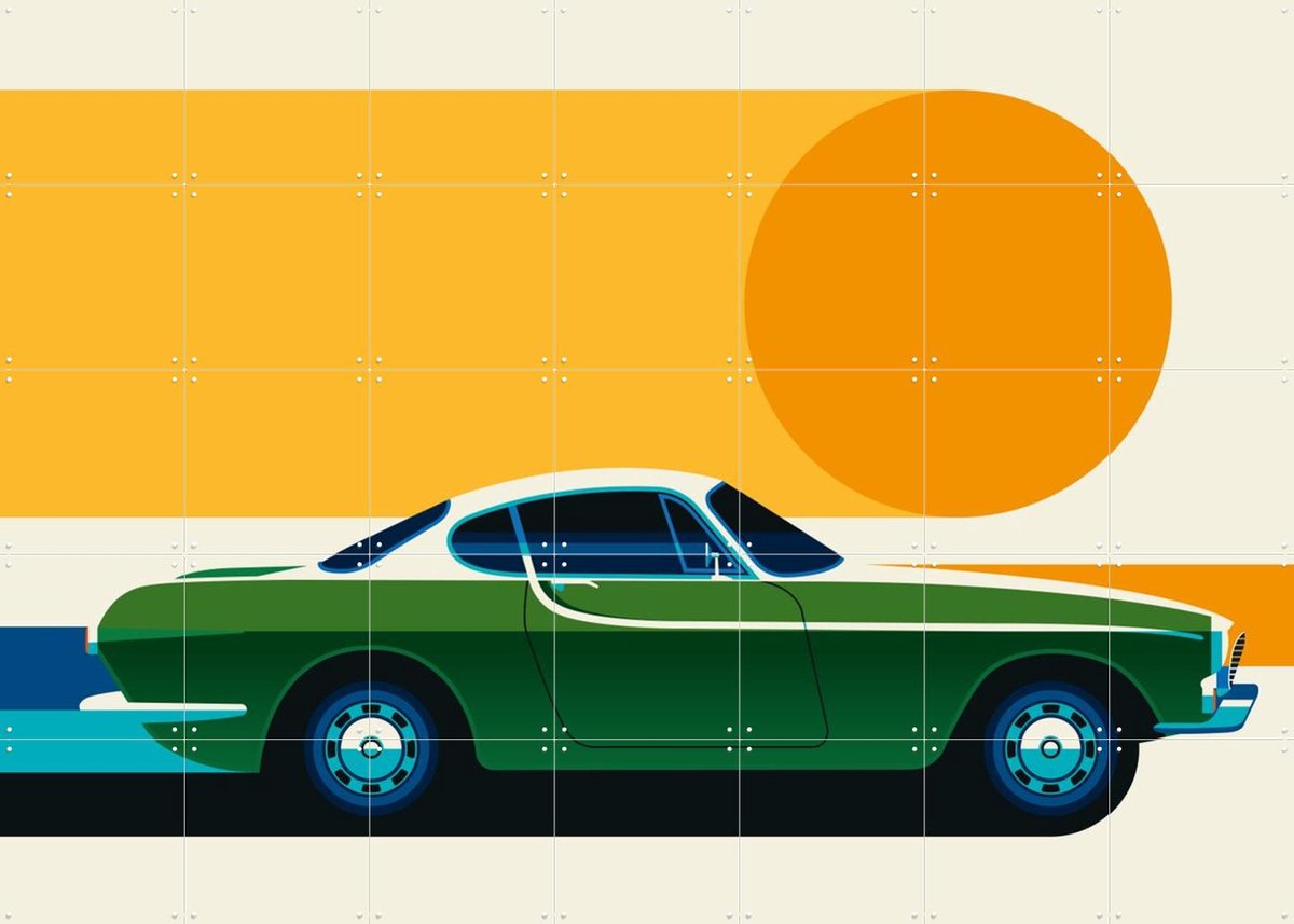 IXXI Green Vintage Sports Car Side, Bo Lundberg - 140 x 100 cm - Gratis ophangtool - Grote wanddecoratie en posters - Kleurrijk, Digitale Kunst