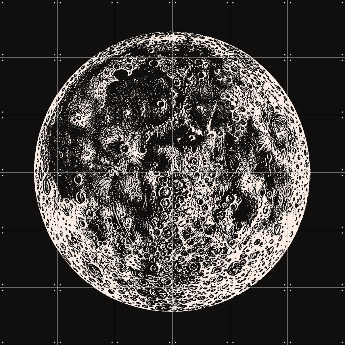 IXXI Moon Big Vintage, Aster Edition - 120 x 120 cm - Gratis ophangtool - Grote wanddecoratie en posters - Illustraties, Houtsnede, Vintage