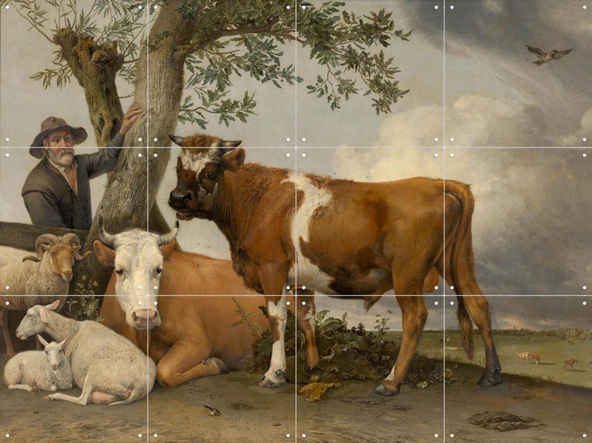 IXXI De stier, Paulus Potter & Mauritshuis - 80 x 60 cm - Gratis ophangtool - Grote wanddecoratie en posters - Olieverf, Realisme, Schilderijen