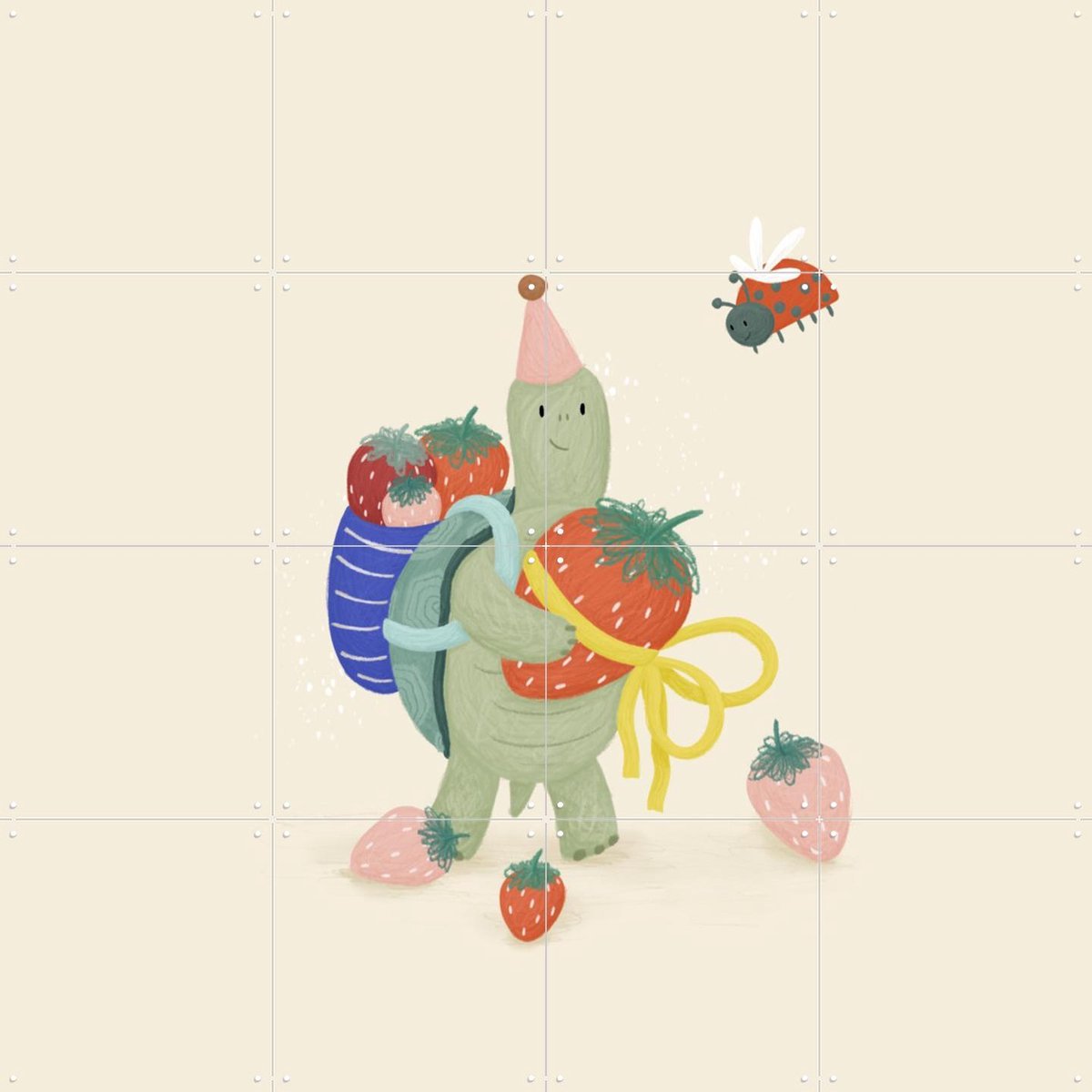 IXXI Strawberry Turtle, Studio Phie - 80 x 80 cm - Gratis ophangtool - Grote wanddecoratie en posters - Cartoonesk, Speels, Illustraties, Kleurrijk