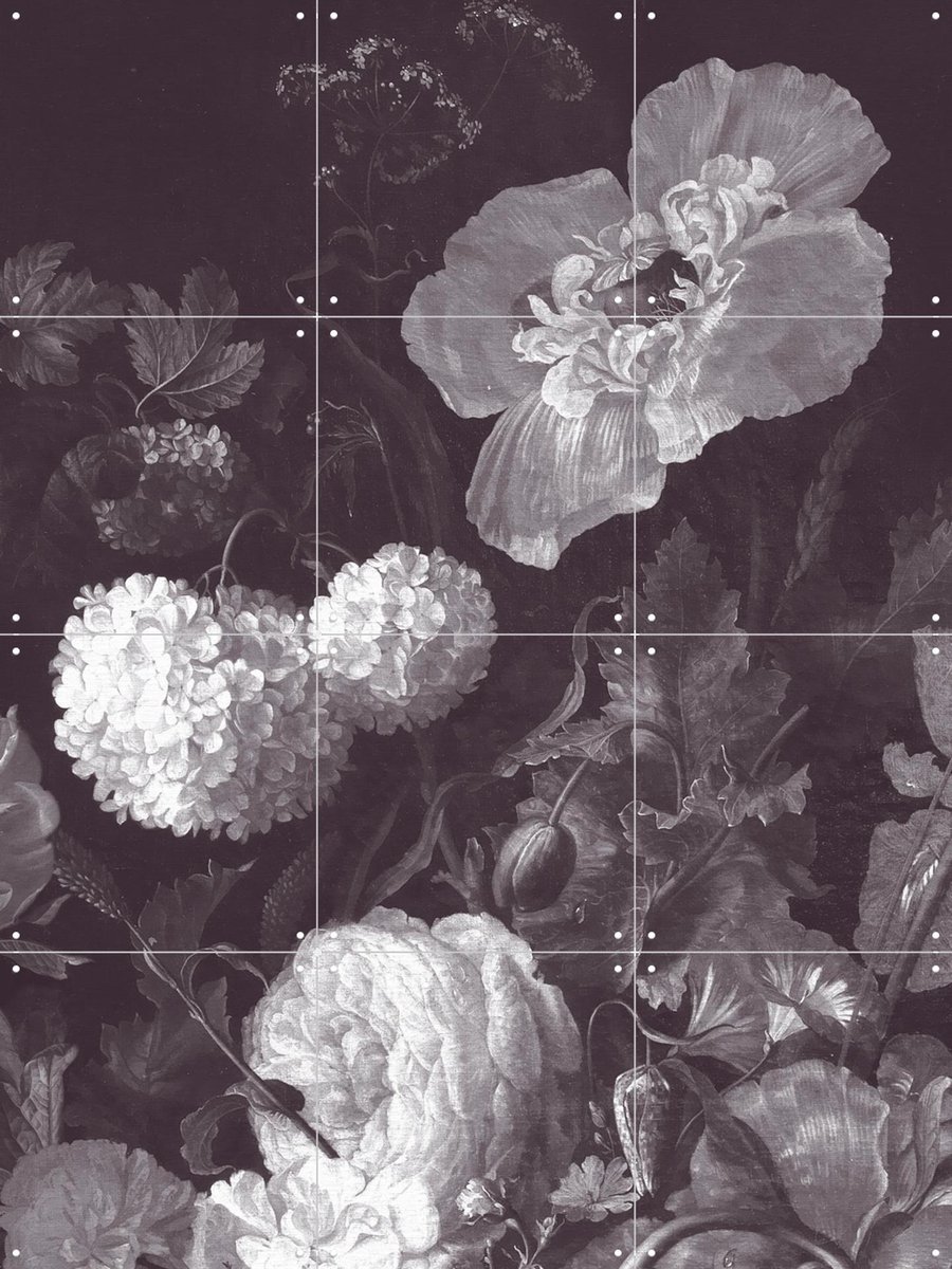 IXXI Golden Age Moody Florals I - monochrome, Bloomery Decor - 60 x 80 cm - Gratis ophangtool - Grote wanddecoratie en posters - Klassiek, Slaapkamer