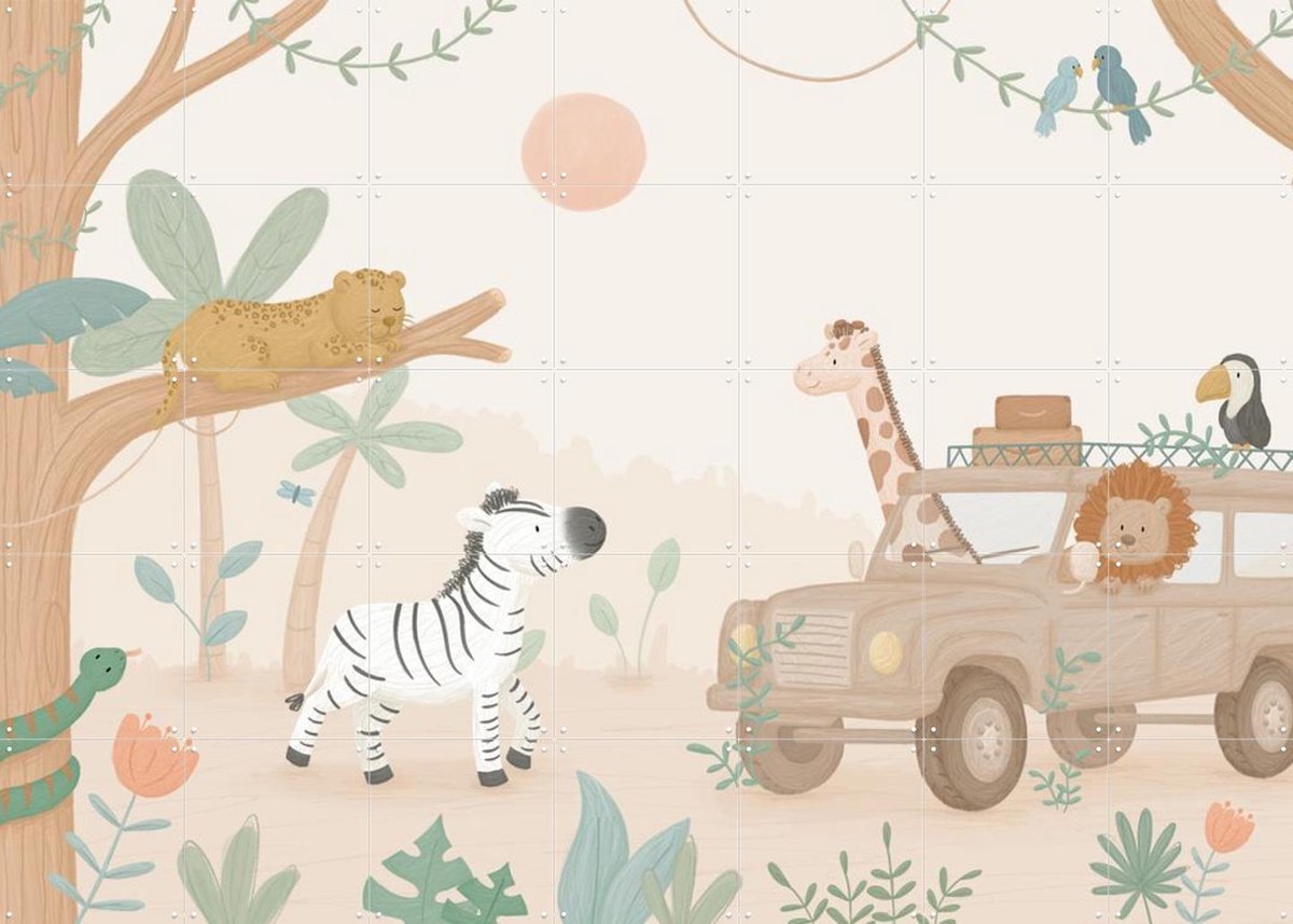 IXXI Jeep Safari, Love by Lily - 140 x 100 cm - Gratis ophangtool - Grote wanddecoratie en posters - Cartoonesk, Illustraties, Speels, Digitale Kunst