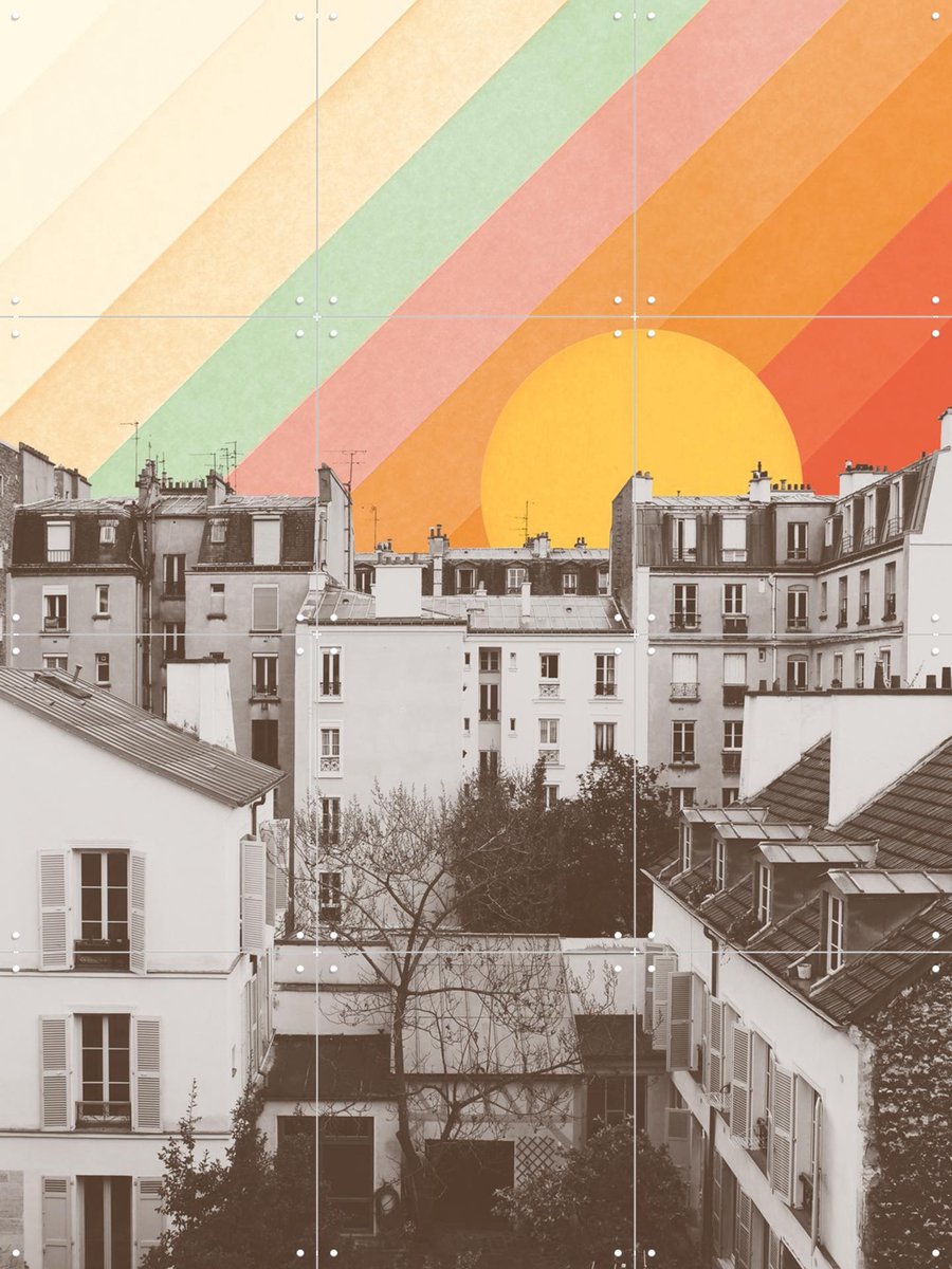 IXXI Rainbow Sky above Paris, Florent Bodart - 60 x 80 cm - Gratis ophangtool - Grote wanddecoratie en posters - Vintage, Illustraties, Kleurrijk, Pop