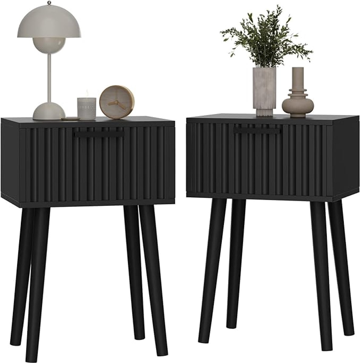Set van 2 Moderne Nachtkastjes – Geribbeld Front – Magnetische Lade – Zwart – Bijzettafel voor Slaapkamer en Woonkamer