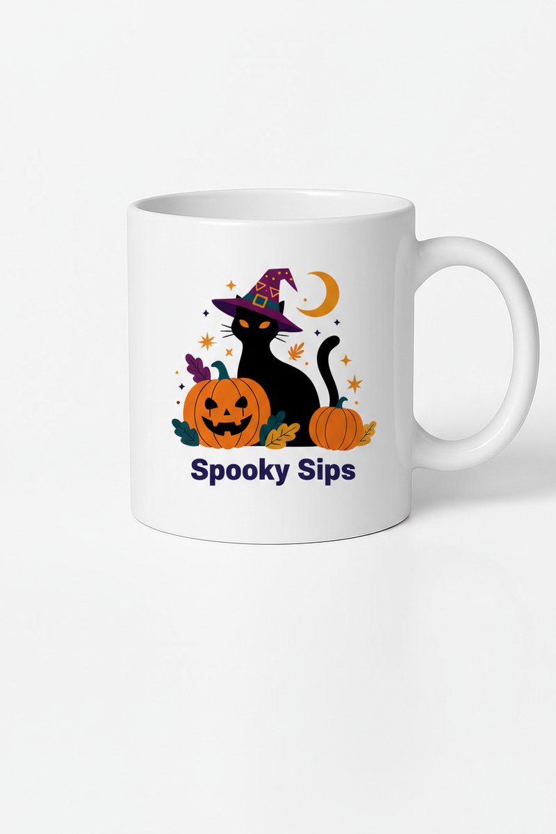 Halloween Mok - Spooky Sips - Zwarte Kat met Heks Hoed en Pompoenen