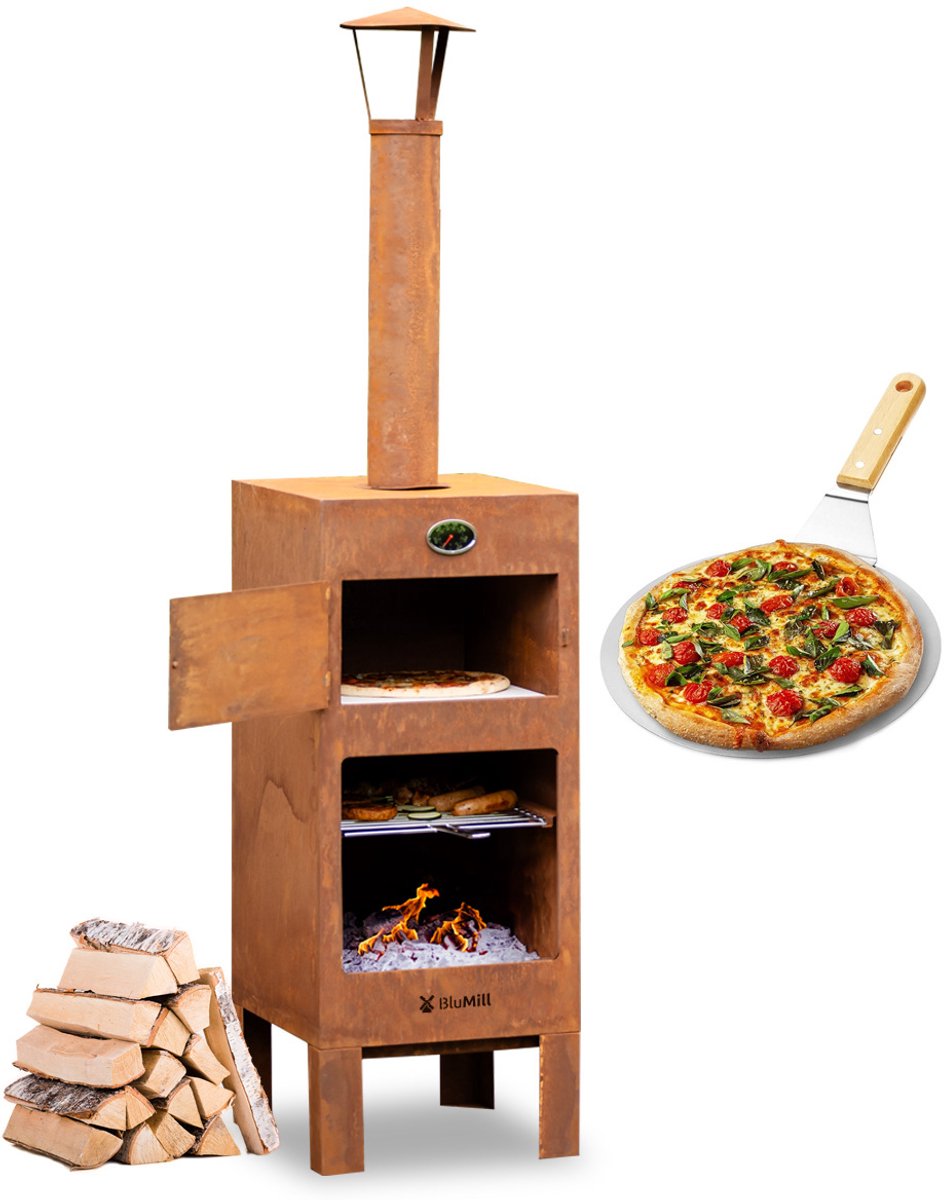 Bol.com BluMill Outdoor Pizza Oven - Tuinhaard - BBQ - Inclusief Pizzasteen, Vuurpook en Thermometer - Terrashaard - Corten staal aanbieding