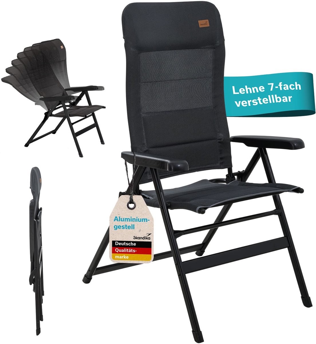 Skandika klapstoel Lepola XL - Opvouwbare campingstoel van aluminium, alu tuinstoel, 7-voudig verstelbare rugleuning, gevoerd, inklapbaar, hoge rugleuning, armleuningen, hoofdsteun | Stoel voor camping, tuin