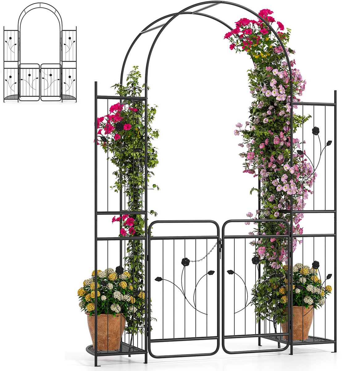 KOMFOTTEU Rozenboog, stevige metalen tuinboog met klimrek en 2 plantenbakken, klimboog, trouw- en gazonboog, 163 x 50 x 220 cm