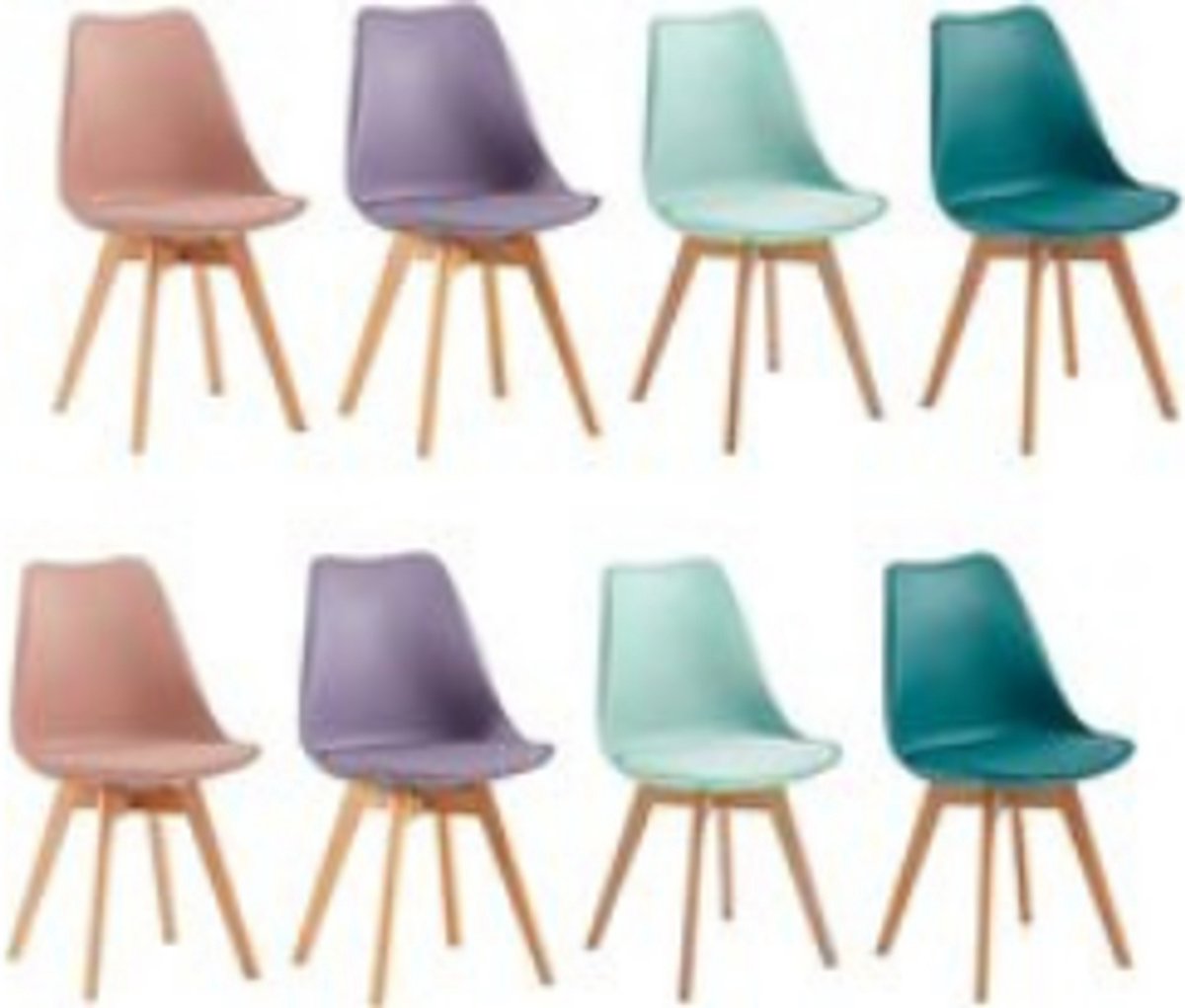 J.T.R Eetkamerstoelen-Eetkamerstoelen set van 8-gestoffeerd-vintage stijl- met massief beukenhouten poten-2 roze fumé + 2 turquoise + 2 mintgroen + 2 paars grijs. gekleurd.