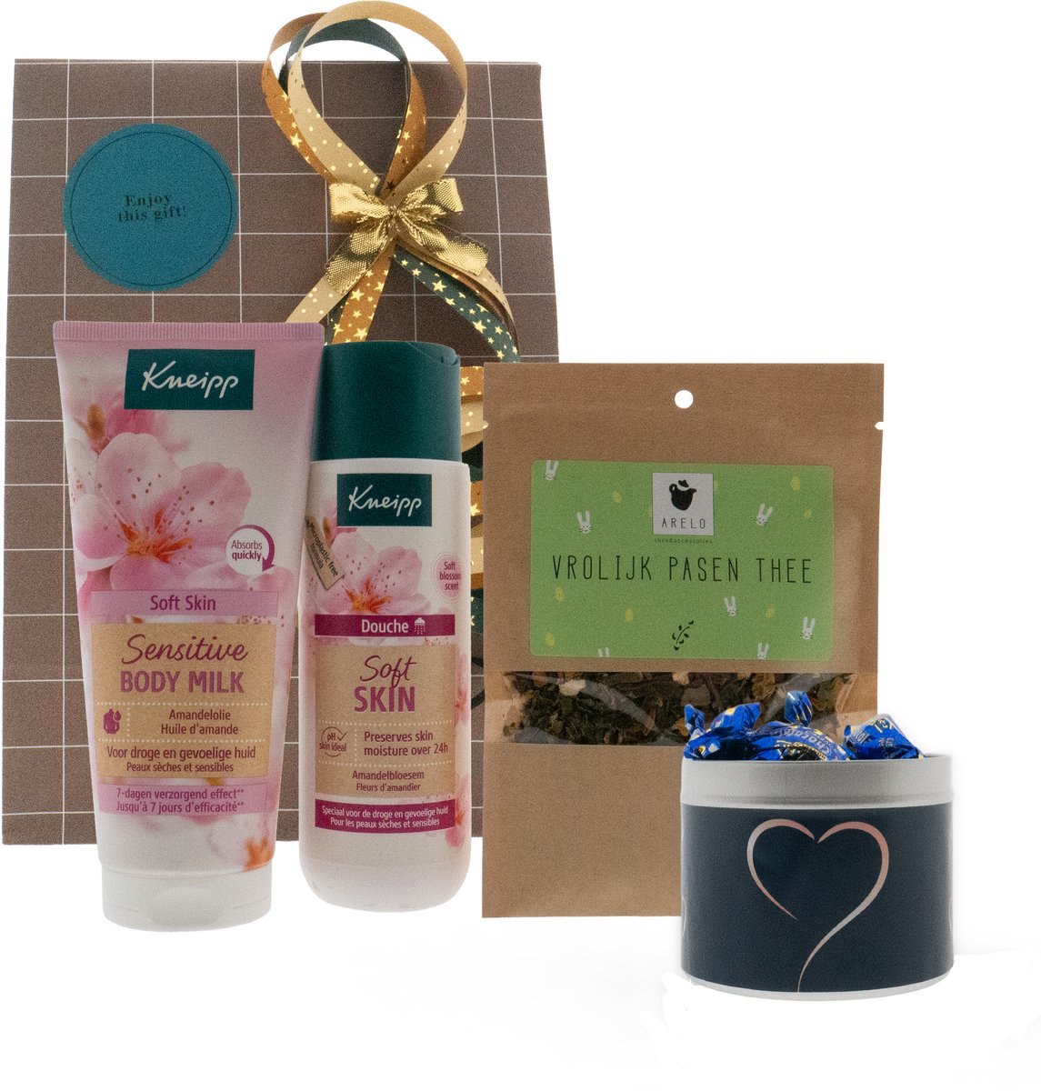 Kneipp Cadeauset Soft Skin Pasen Thee & Snoep - Kneipp Body Milk 200 ml Soft Skin - Kneipp Douche 200 ml Soft Skin - ARELO Vrolijk Pasen thee - Gifts Snoepjeblikje Hart