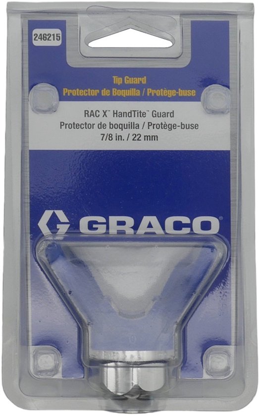 Graco RAC X tip guard in verpakking, met tekst 'Tip Guard', 'RAC X HandTite Guard', '246215' en '7/8 in. / 22 mm'.