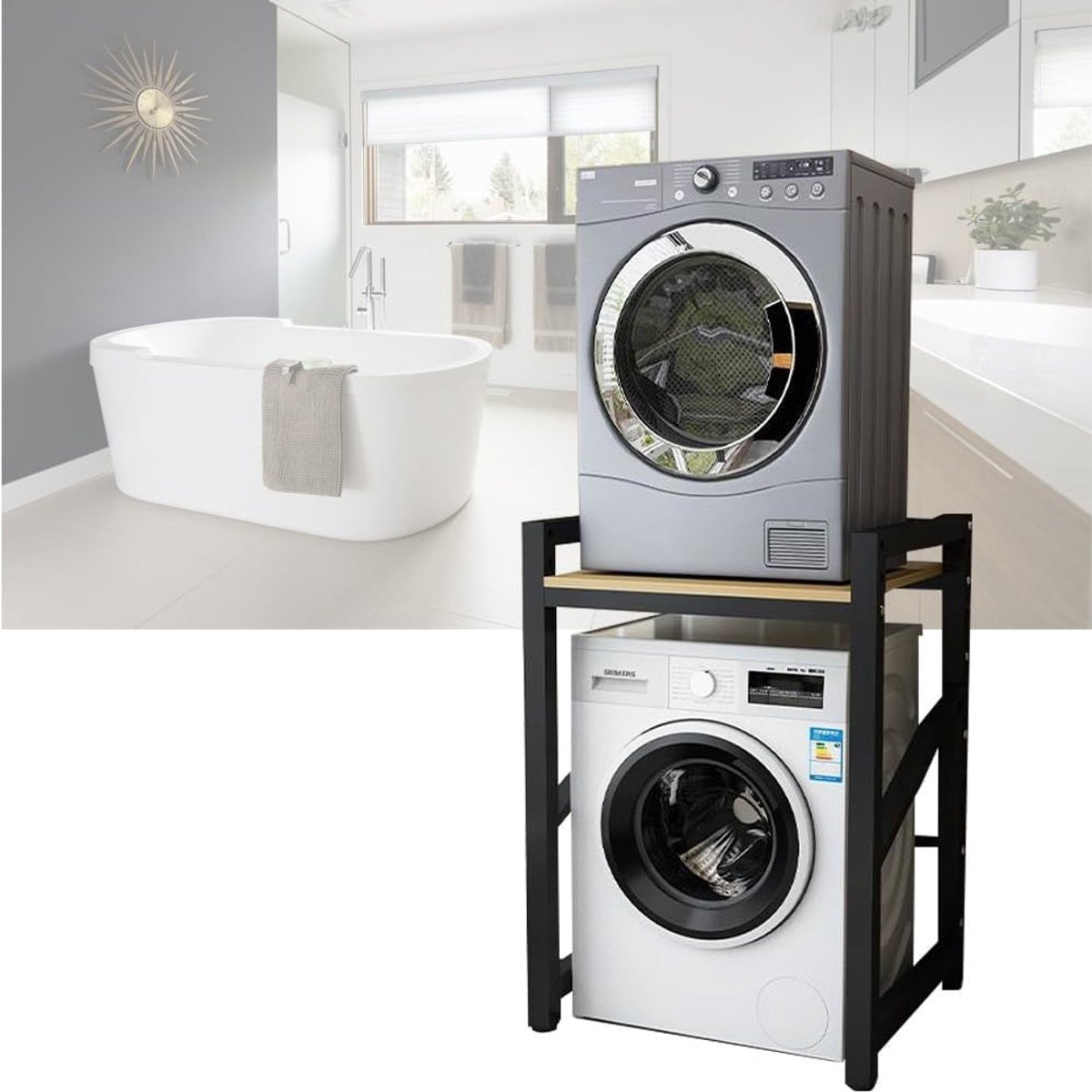Wasmachine droogrek - Stapelkit opslagrek - Ruimtebesparend organiseren - Verstelbare hoogte 300kg - 73x63x105 cm - Wit/Zwart