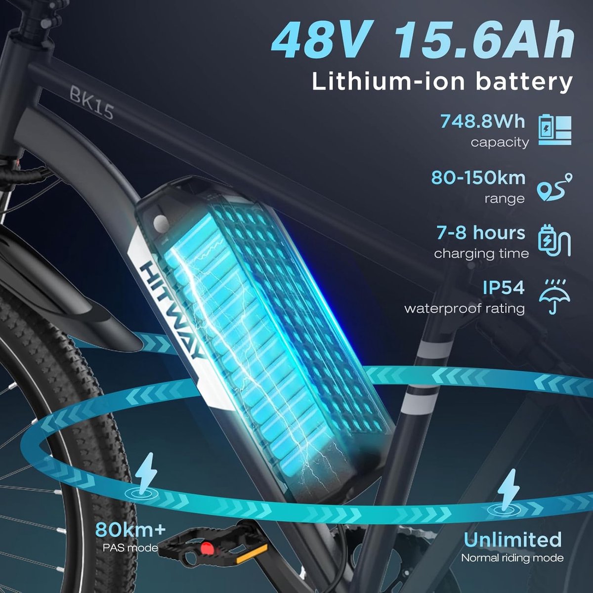 Hitway Elektrische Fiets BK15 Plus - 29 Inch City Commuter EBike met Afneembare 48V 15.6Ah Lithium Batterij - Mountain E-Bike met 250W Motor - 7 Versnellingen - IP54 Waterdicht - Elektrische Fietsen - afbeelding 3