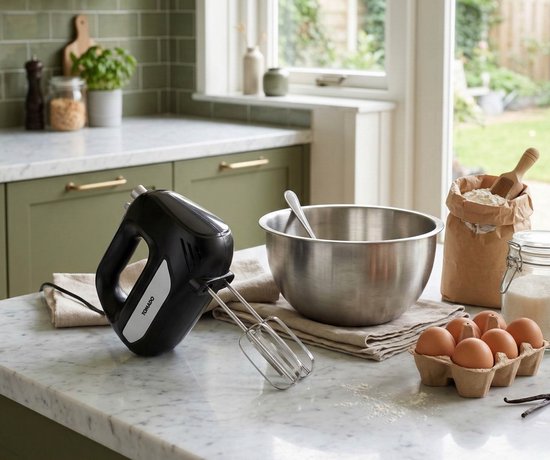 Zwarte Tomado handmixer met gardes op een aanrecht, naast een kom met bloem, eieren en suiker.