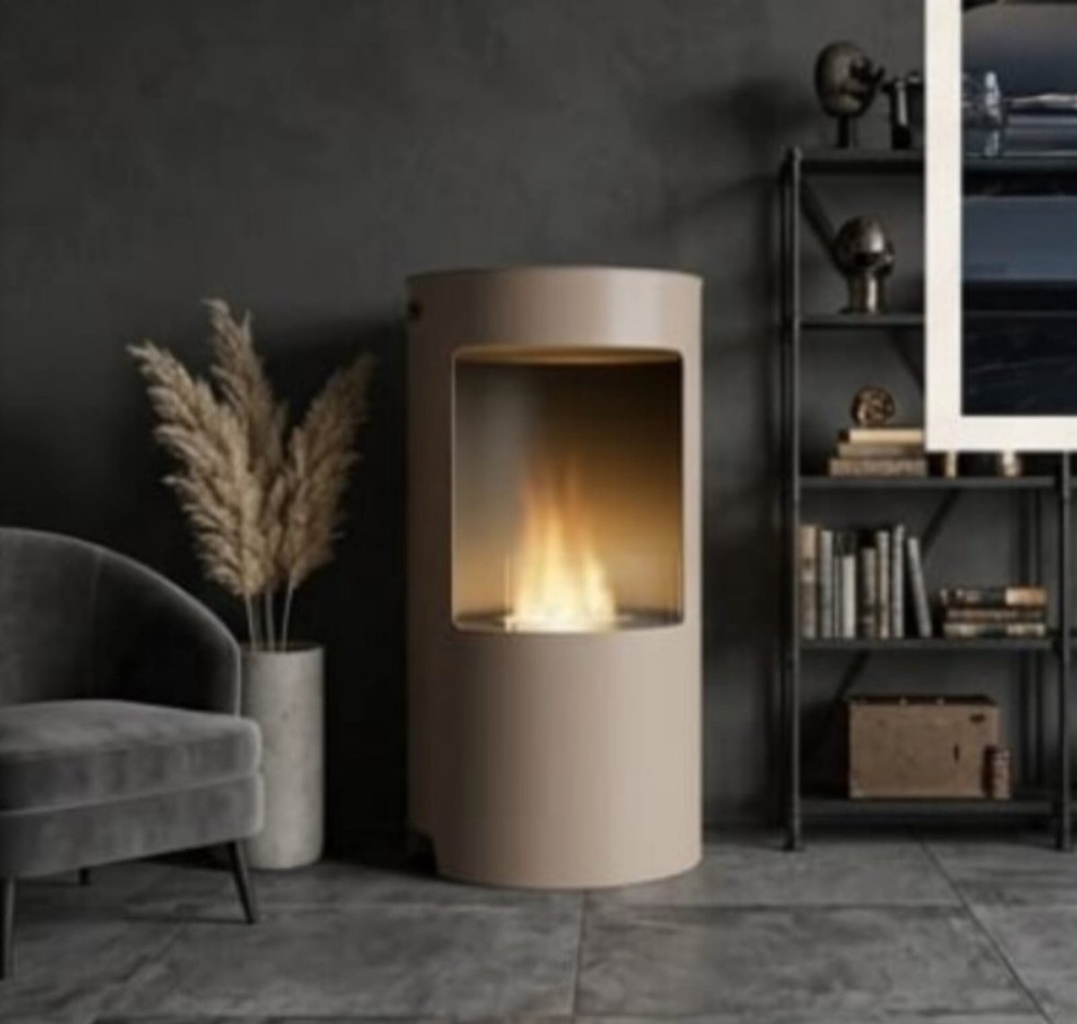 Vloerhaard Ø40 x 80 cm – Arqam Giulio Cesare design open haard binnenshuis van roestvrij staal (taupe), vrijstaand decoratief haardmeubel, modern industrieel interieur – Arqam