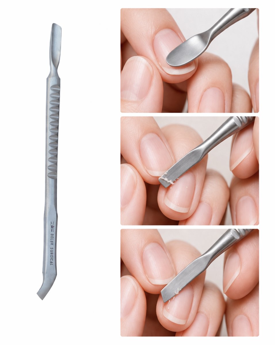 Belux Surgical Instruments / Professioneel Bokkepootje – Nagelriemduwer – Dubbelzijdig – Schuin Model – RVS – Manicure & Pedicure Tool