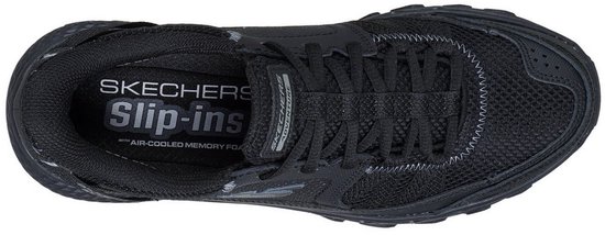 Bovenaanzicht van een zwarte SKECHERS SLIP-INS sneaker met AIR-COOLED MEMORY FOAM inlegzool.