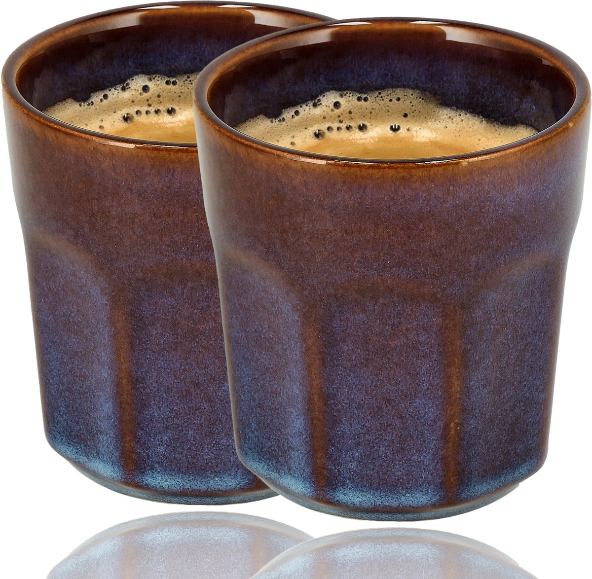 Koffiekopjes Set van 2 – Keramische Bekers 200ml Zonder Oor – Espresso Kopjes en Cappuccino Bekers – Blauw/Bruin Glazuur – Aardewerk Koffiemokken – Voor Koffie en Thee