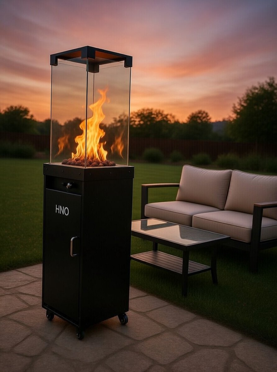 Gas Terrasverwarmer 36x36x150 cm – 5,5 kW Vrijstaand & Draagbaar – Zwarte Propaan Heater met Glazen Behuizing, Vlamregeling & 40 uur Brandduur – NoviHome
